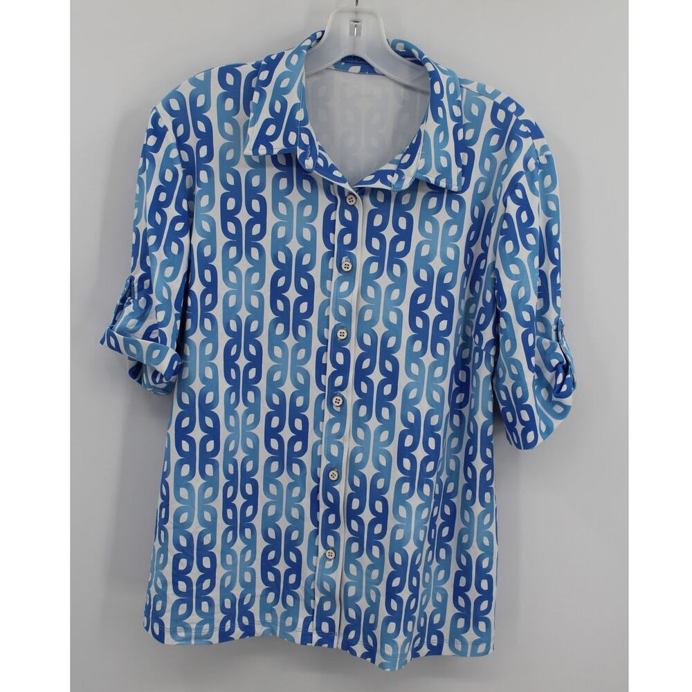 J. Mclaughlin Top Size Large Button Up Short Sleeve Catalina Blue Print